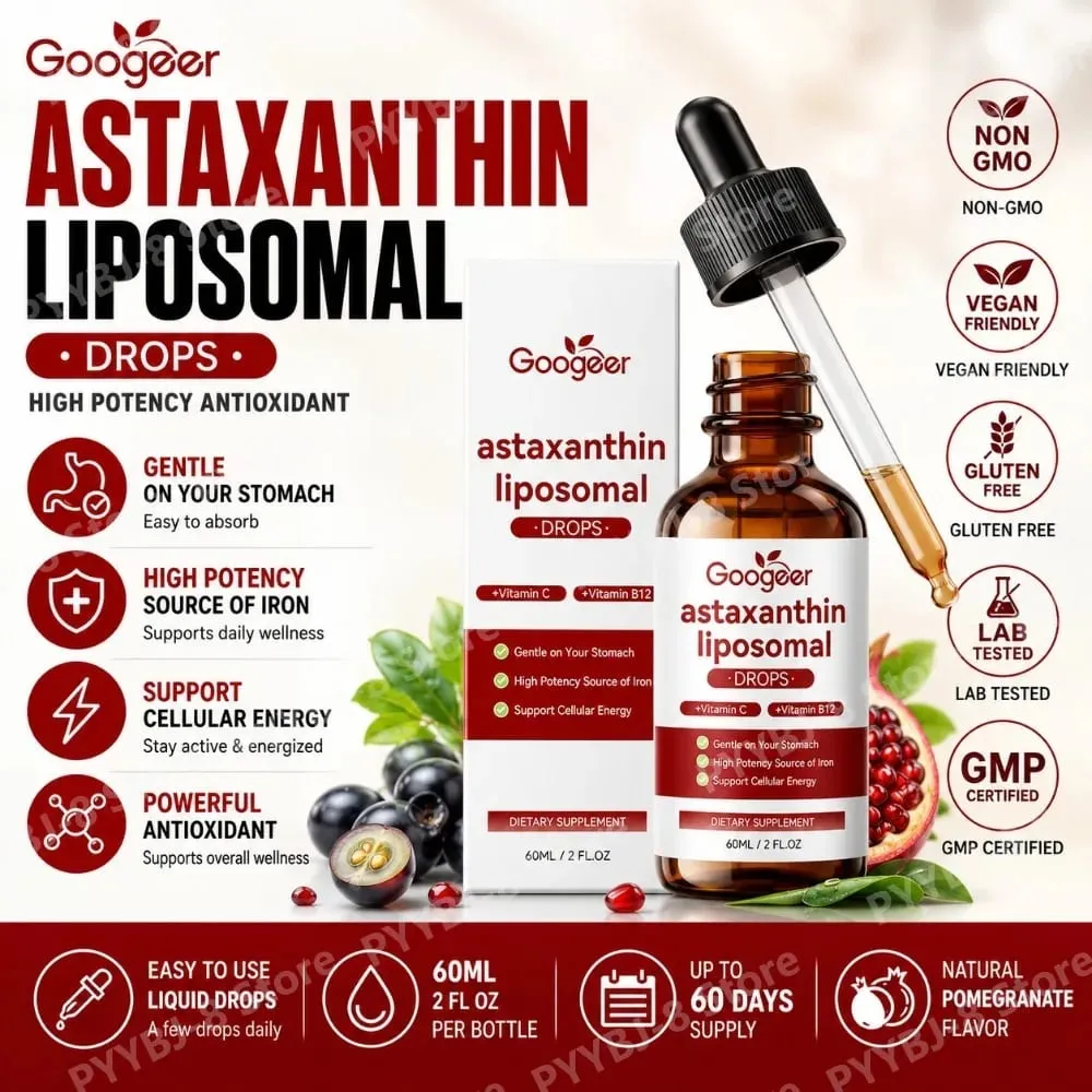 Googeer Liposomal Astaxanthin Drops with Vitamin C To Support Iron Absorption Vitamin B12 for Blood and Nerve Health 60 ML