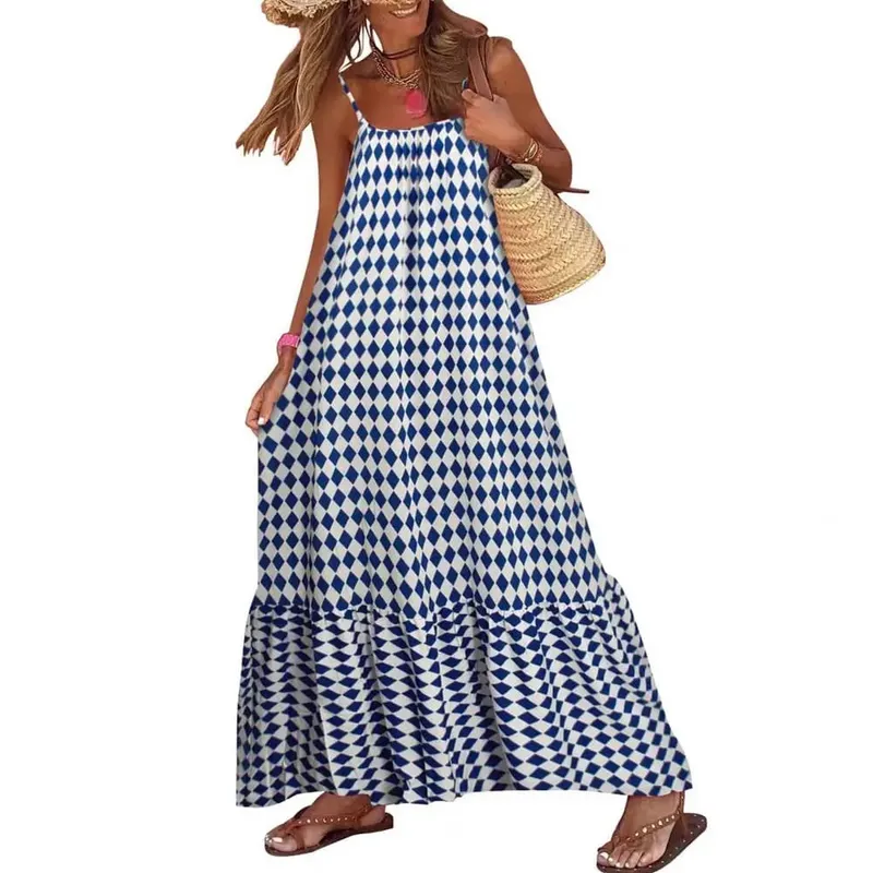 Women Bohemian Vest Dress Slipper Matching Dress Boho Floral Tiered Maxi Dresses for Women Summer Flowy Backless for Wardrobe