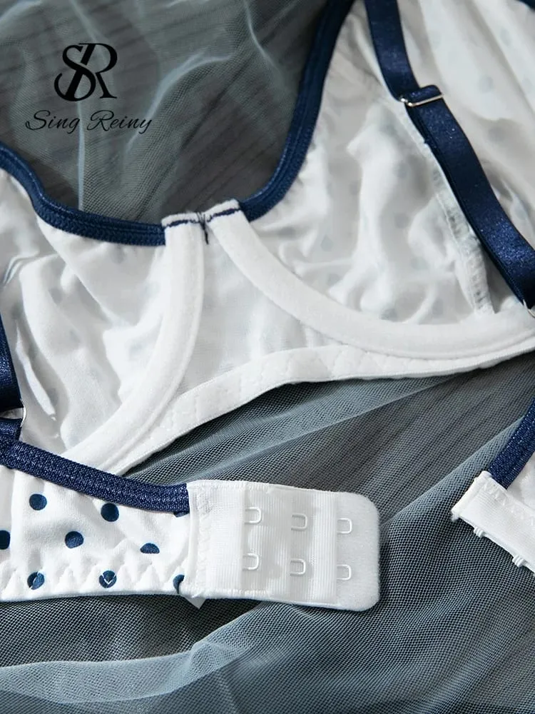 French Polka Dot Print Lingerie Sets Ladies Strap Underwire Bra+Sweet Briefs Hotsweet Vintage Underwear 2Pcs Suits