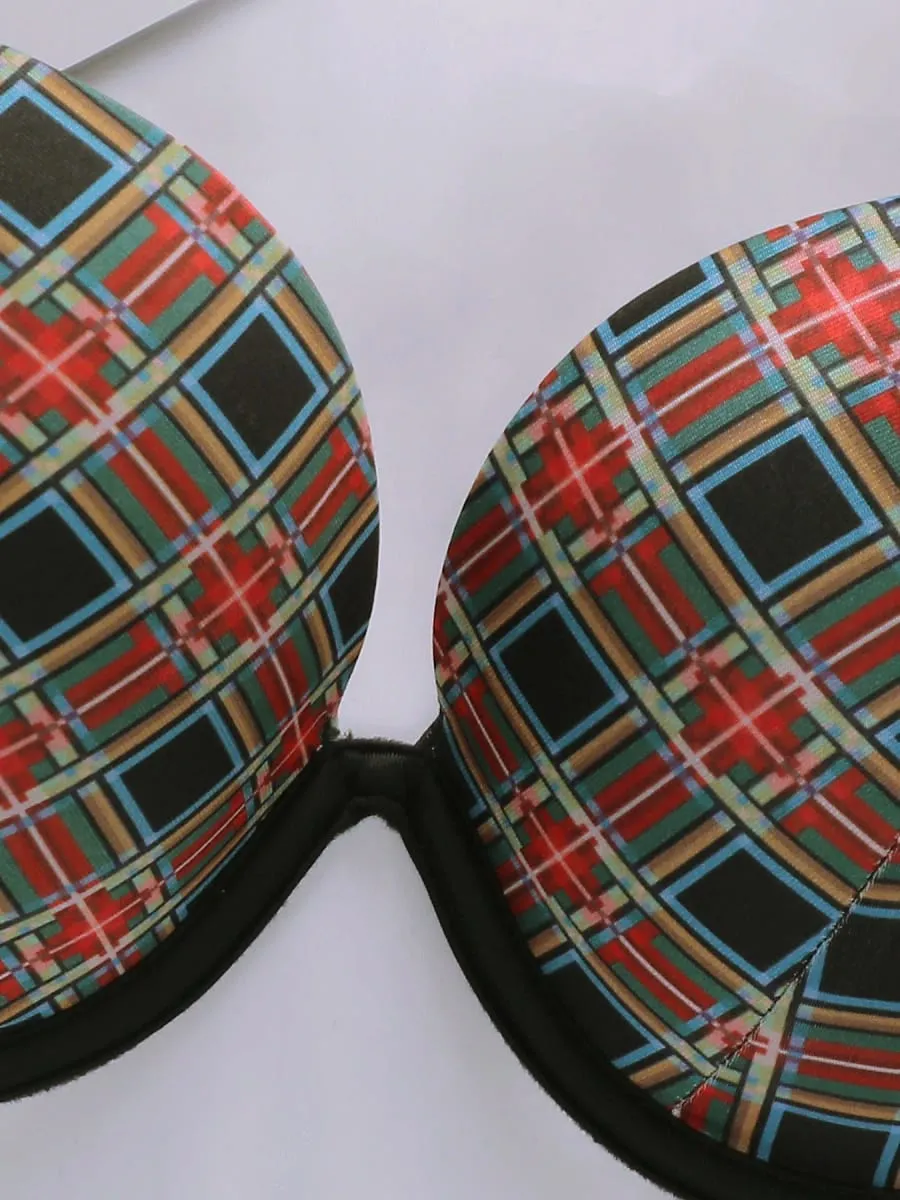 Women's plaid sexy lingerie set with steel rims gathered push up straps adjustable daily comfort bra set J0120