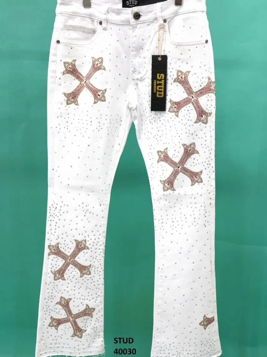 Cross Pattern Design White Flash Fashionable Element Baggy Denim Pants Daily Commute Necessary Minimalism Straight Leg Jeans