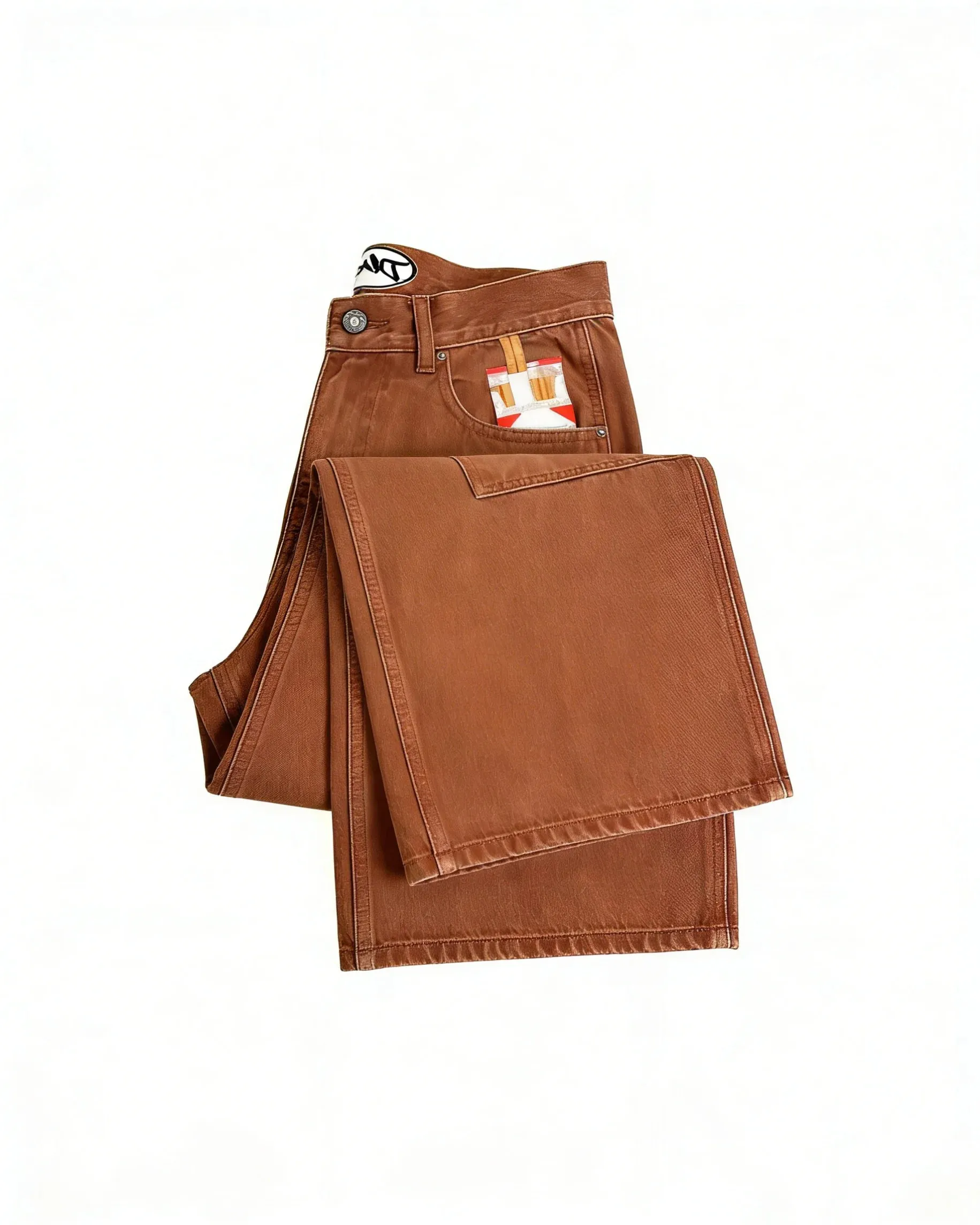 Mens Streetwear Brown Washed Denim Carpenter Pants Cigarette Pattern Pocket Loose High Waist Wide Leg Casual Jeans Daily Wear