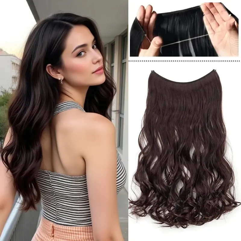 18Inch Synthetic Long Wavy Curly Hair Extension Invisible Fishing Line Soft Multi-Color Hairpiece for Women Daily Use