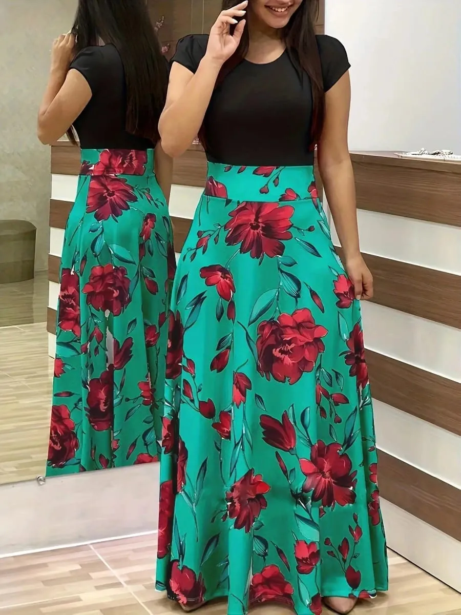 2024 Vestido de manga corta a juego con estampado de flores de estilo europeo y americano para mujer, falda con vuelo grande