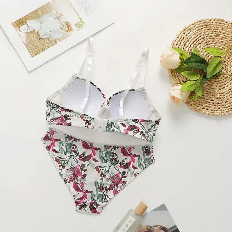 Women's Floral Bra and Panty Set Underwire Padded Lingerie Set Adjustable Straps 2 Piece Sexy Elegant Underwear Suit