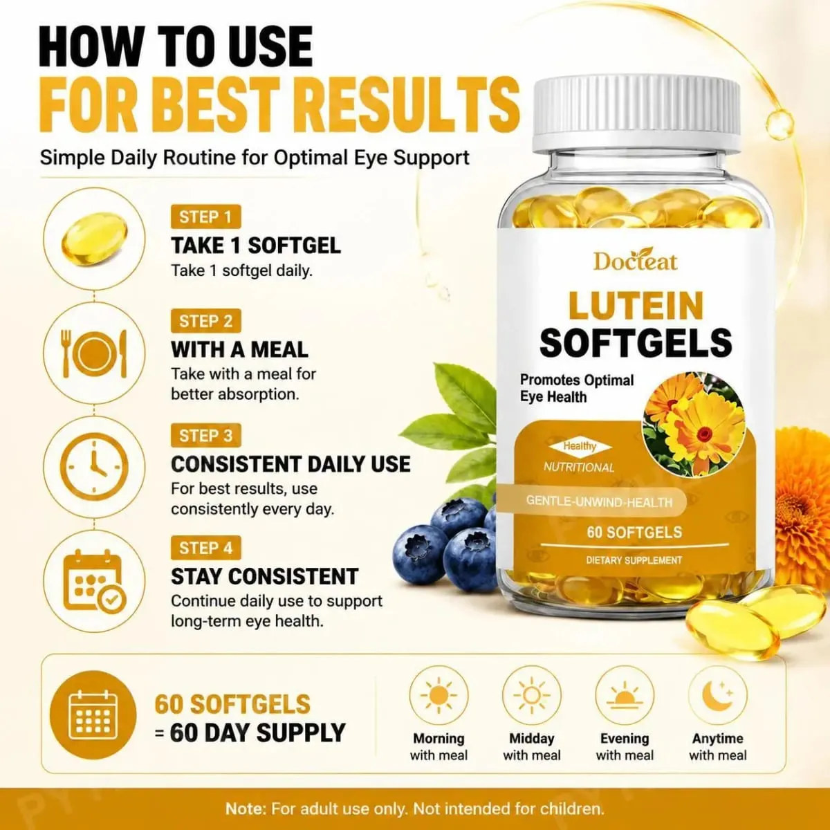 Docteat Lutein Zeaxanthin Softgels with Bilberry Fish Oil Astaxanthin Eye Health Daily Wellness Supplement for Adults60 Softgels