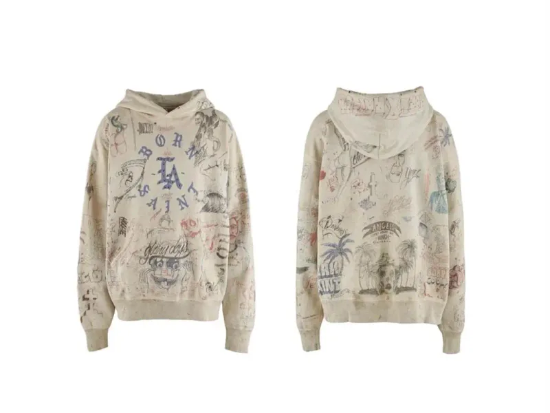 24FW SAINT Vintage Angel Printed Distressed Women Men Hooded Sweatshirt Hoodies Oversized Men Casual Cotton Pullover Hoodie