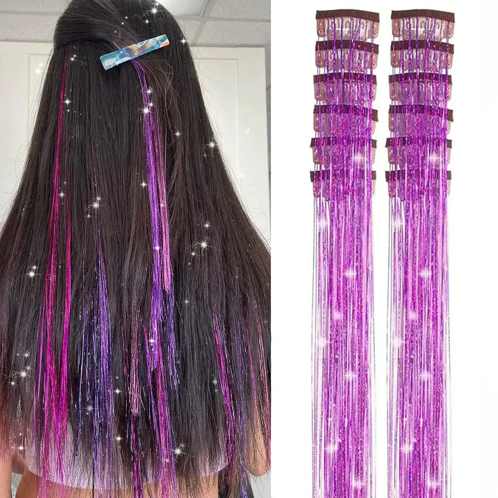 12 Pcs Colorful Clip in Hair Tinsel Extensions Fairy Glitter Hair Accessories synthetic 20‘’ Party Kit for Women Girls Kids