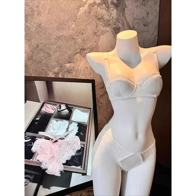 Sexy French Lace Gathered Cup Bra Set Semi Cup Design For Petite Women Lightweight Breathable Comfort Lingerie Set Sizes 32-38