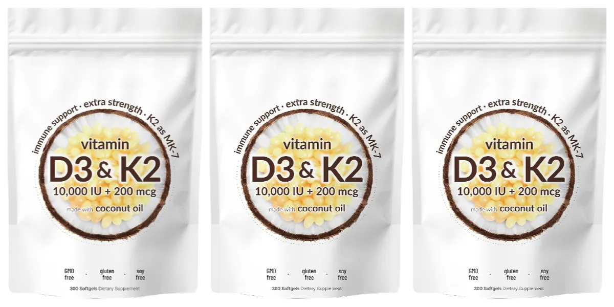 Vitamin D3 K2 Softgels with MK-7 10000 IU Vitamin D3 200mcg K2 Soy Free Gluten Free Daily Nutrition Supplement 300 Softgels