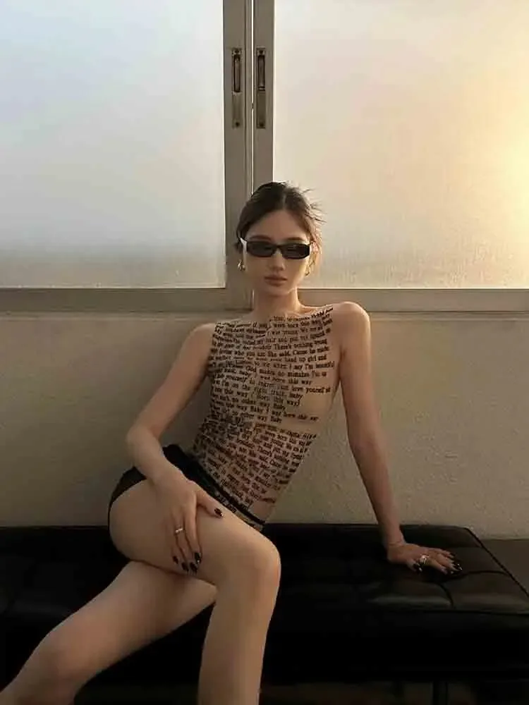 Fashion Trendy Round Collar Sleeveless Tank Mesh Sexy Article Print Slim Casual Top Women Hipster Wear