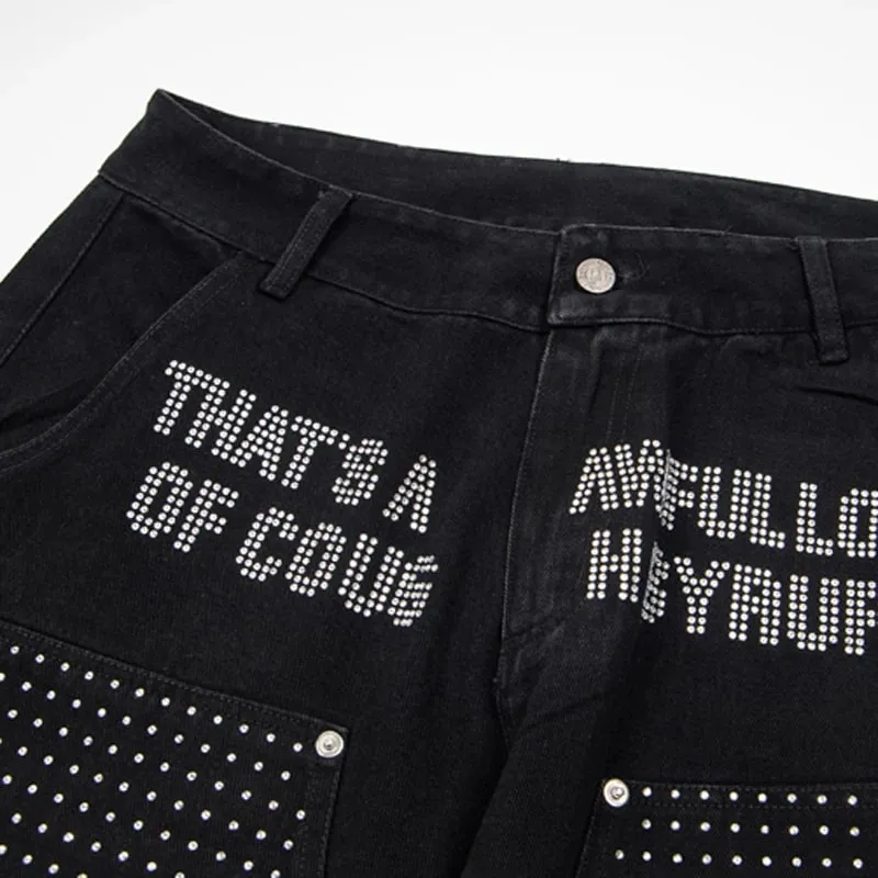 Vintage Trend THAT'S A AWFUL LOT OF COUGH SYRUP Jeans Streetwear Hip Hop Rhinestone Denim Trousers Men Women