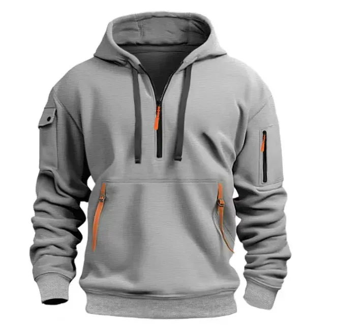 Autumn Men Half Zip Hoodie Multi Zipper Pocket Long Sleeve Pullover Drawstring Hooded Sweatshirt Outdoor Casual Loose Street .