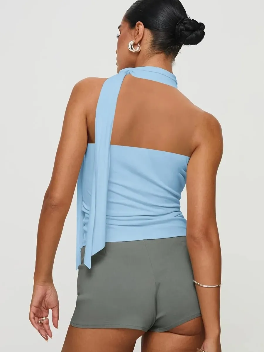 Women Solid Color Halter Neck Tie Detail Sleeveless Top Summer Casual Y2K Street Style Slim fit Crop Top