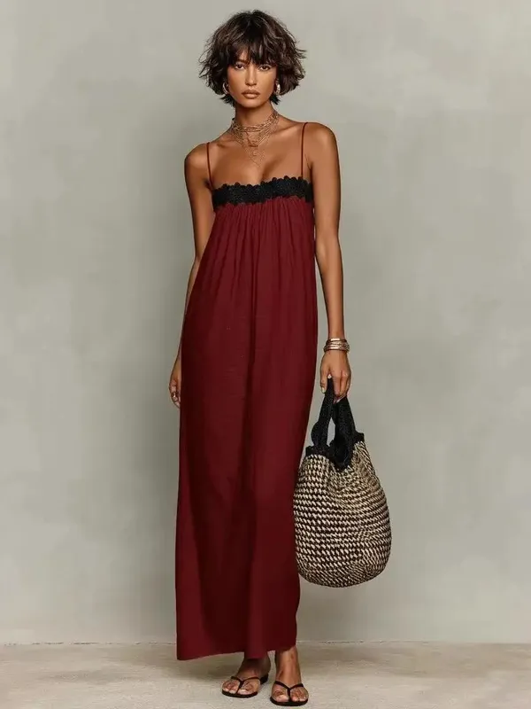 Women's Summer Boho Maxi Dress Spaghetti Strap Lace Patchwork Loose Beach Sundress Casual Vacation Long Dresses