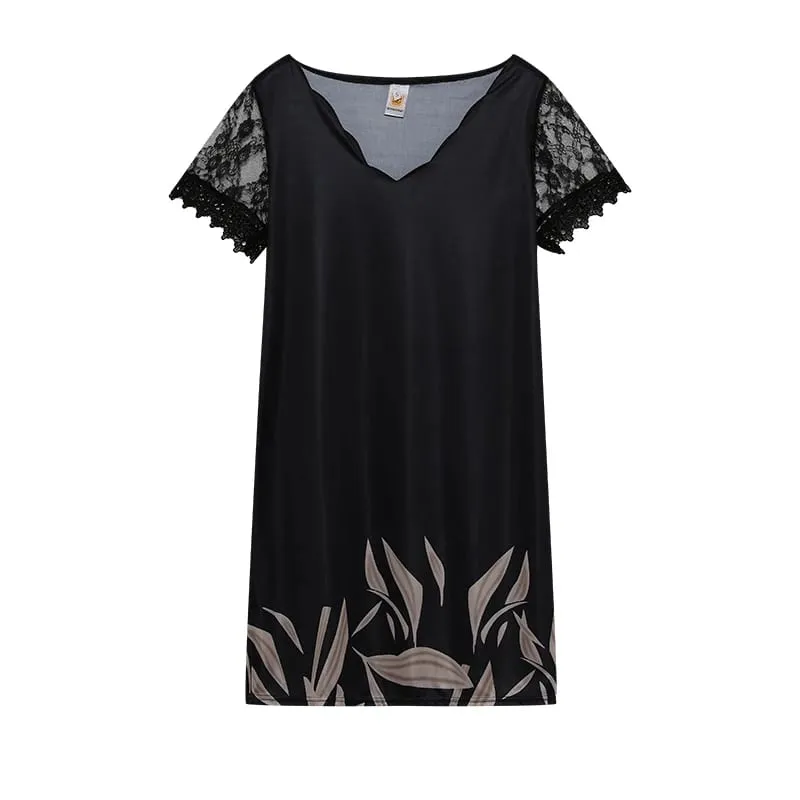 2026 New Women's New Positioning Printing Wave V-neck Lace Short-sleeved Dress