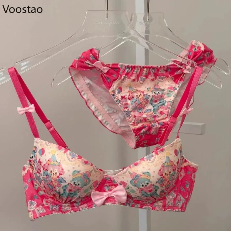 Japanese Sweet Lolita Style Women Cute Candy Rabbit Print Bra Panties Lingerie Set Girls Kawaii Underwear Panty Intimates Sets