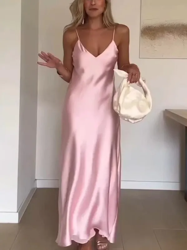 Women Off Shoulder Pink Satin Maxi Dress