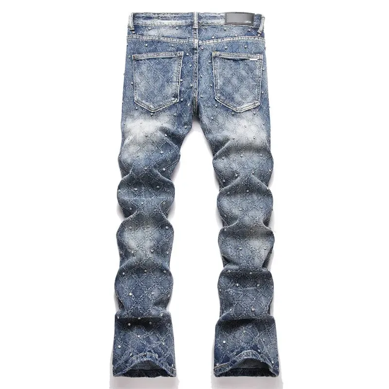 Men's Y2K Hip-hop Jeans American Retro Washed Blue Denim Pants Diamond Pattern Rivets Streetwear Slim Fit Party Male Trousers