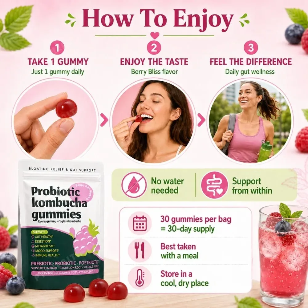 Probiotic Kombucha Gummies Berry 30 Ct Prebiotic Postbiotic Gut Health Digestion Bloating Relief Immune Vegan Non-GMO Supplement