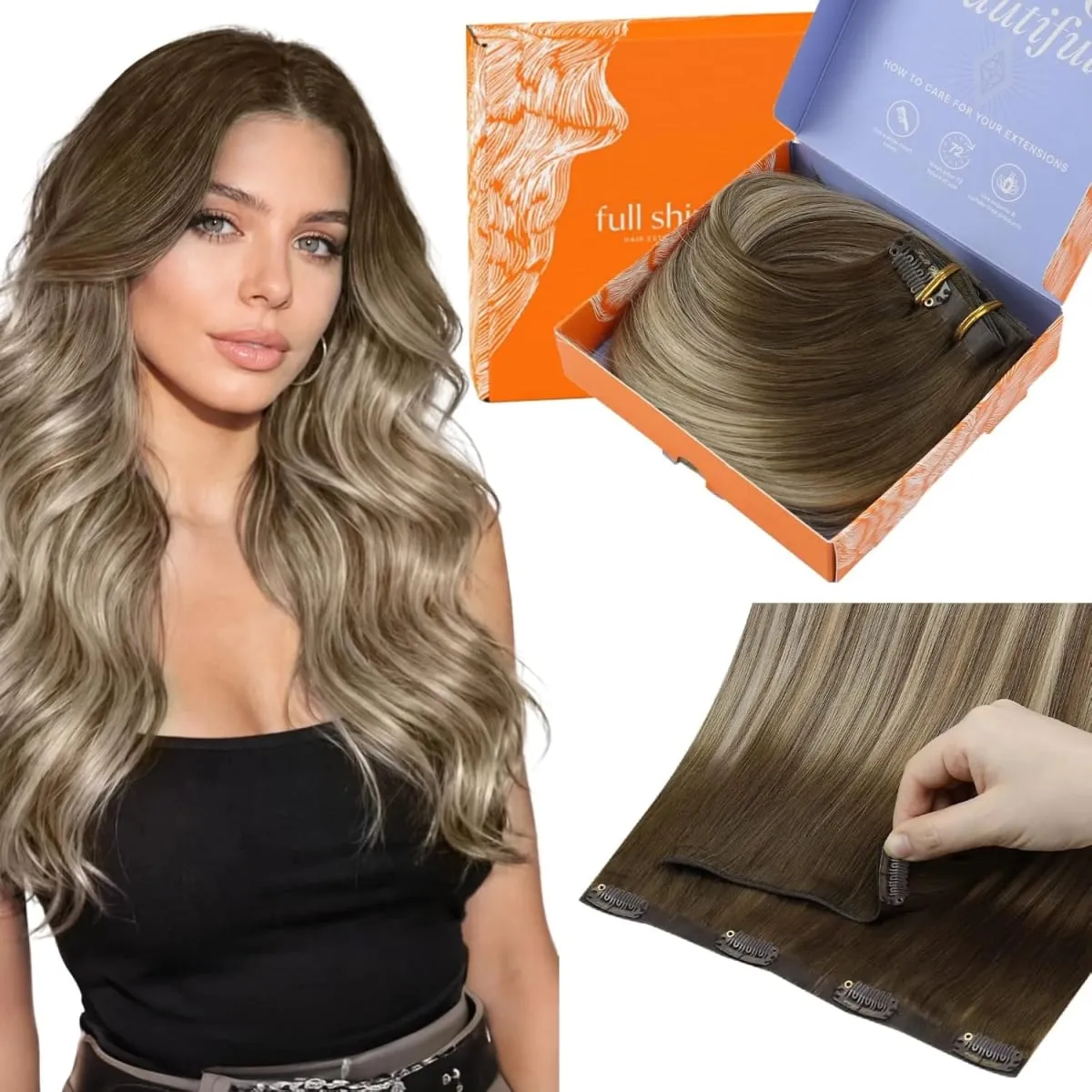 Full Shine 7 Pcs Genius Weft Clip In Hair Extensions Human Hair Seamless Invisible PU Weft Clip Ins For Women