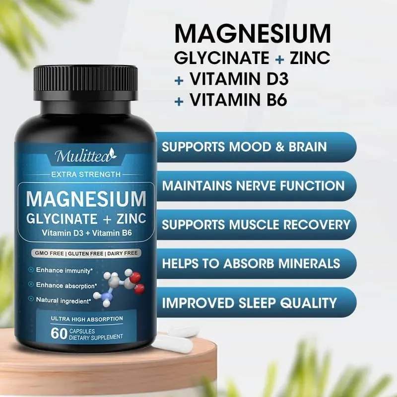 Mulittea Glycine Magnesium capsule with Zinc Vitamin D3 B6 Health for Bones and Teeth Health Helps Natural Sleep Relieve Anxiety