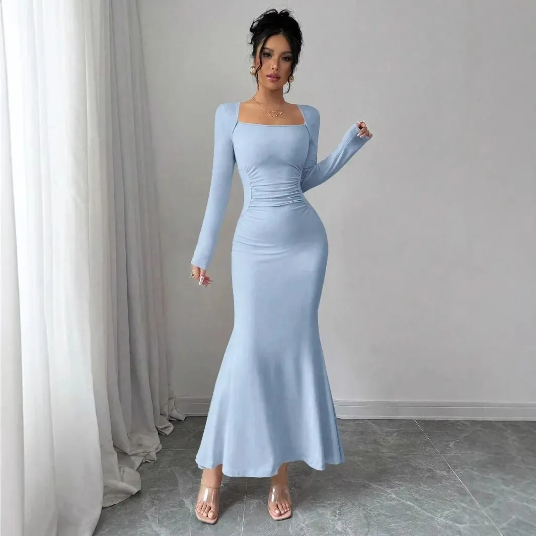 Elegant Long Sleeve Fish Tail Dress Women's Fashionable Slim Fit Sexy Gown Full Length Ankle Skirt Regular Waistline