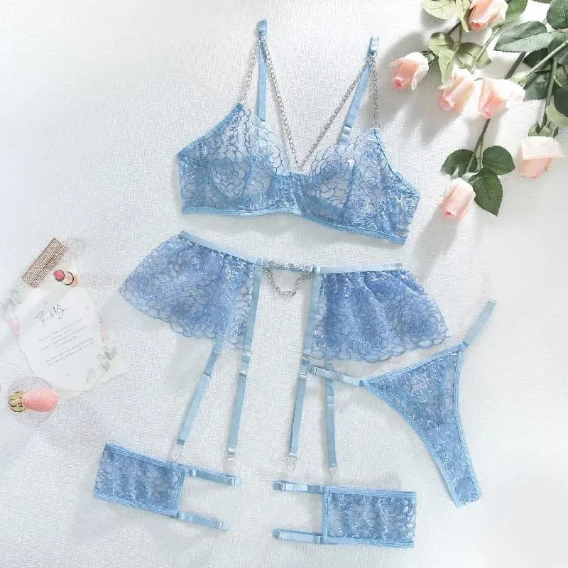 Bra + Panties + Garter + Hemline New Lace Transparent Push Up Lingerie Sets For Women Sexy Sleep Hollow Out Chain Underwear