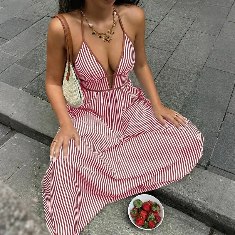 2026 Summer New Style Deep V-neck Striped Beach Dress Sexy Backless Sleeveless Neckline Long Dress