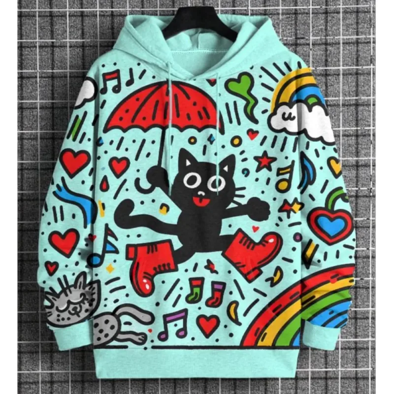 2026 Men's Hoodies Funny Hip Hop Black Cat DJ Art UFO 3D Printed Sweatshirt Men Women Tracksuit Oversized Casual Street Y2k Coat