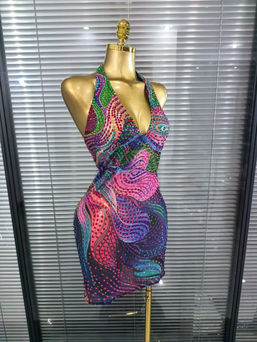 Blue Color Women Sexy Halter Backless Shinning Chain Bodycon Mini Dress Celebrate Nightclub Party Performance Costume Stage Wear