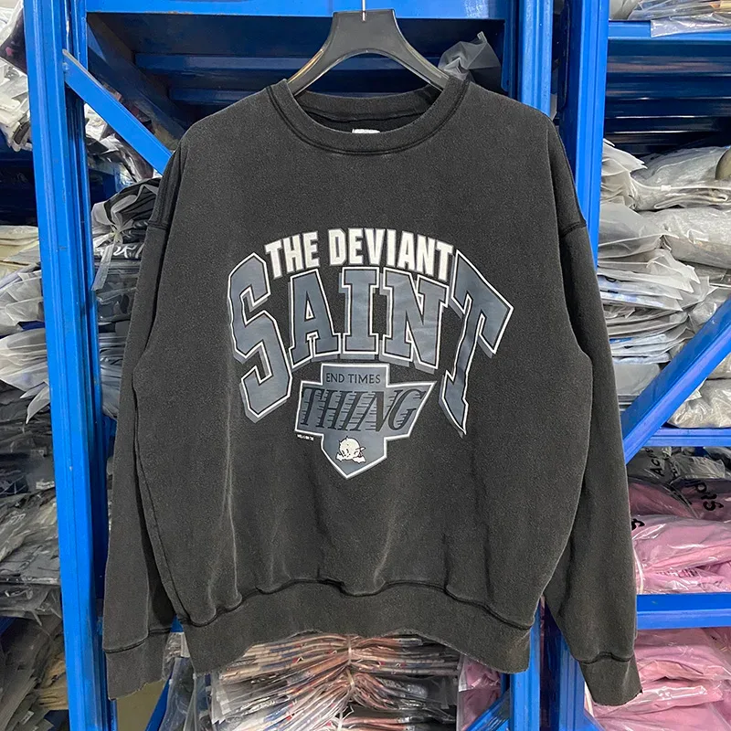 Autumn Winter Classic Overlapping Logo Print Saint Sweatshirts Men Women Couple Colorful Letters Graffiti Washed Black Pullovers