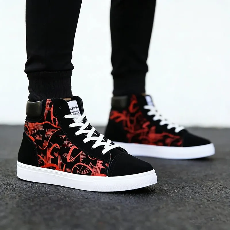 Street Style Mode Sneakers Herr Fritidsskor Platta Andas Hög topp Svart Röd Märke Skor för män