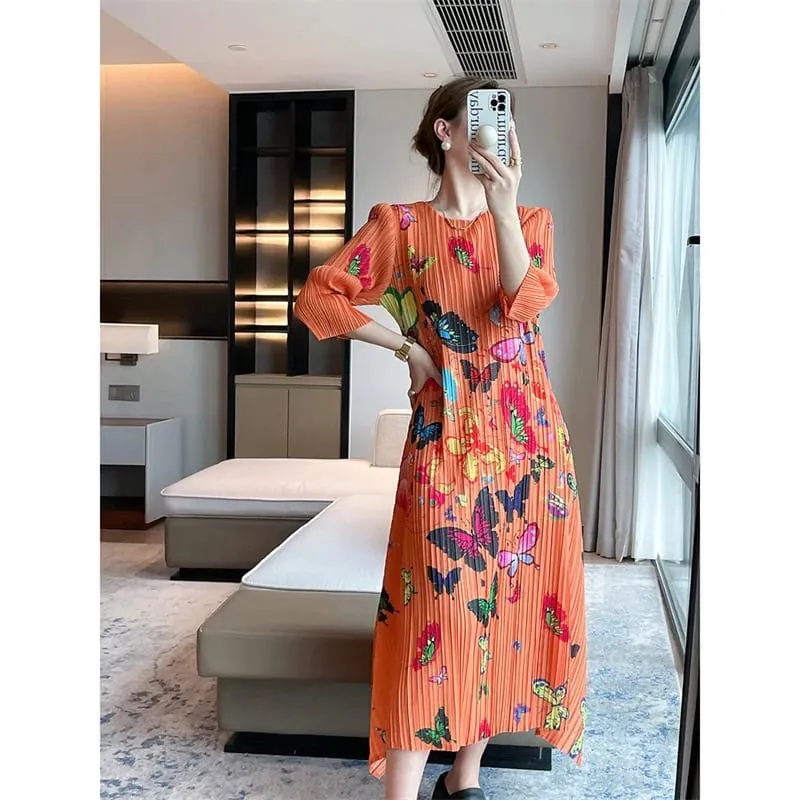 Miyake長洋裝百褶晚禮服印花女夏季百褶百搭時尚輕奢優雅名媛風洋裝