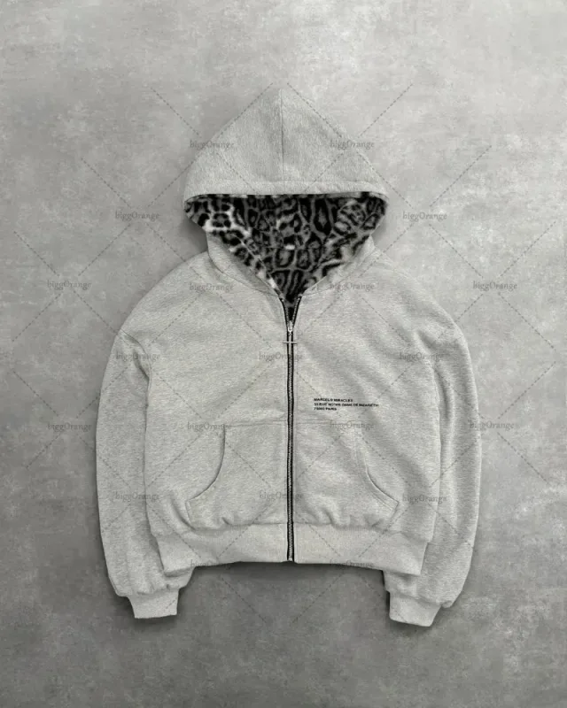 Leopard Print Two Sides Retro Fashion Wearing Loose Zipper Hoodie Men High Street Trend Punk Casual Oversized Sweatshirts Women
