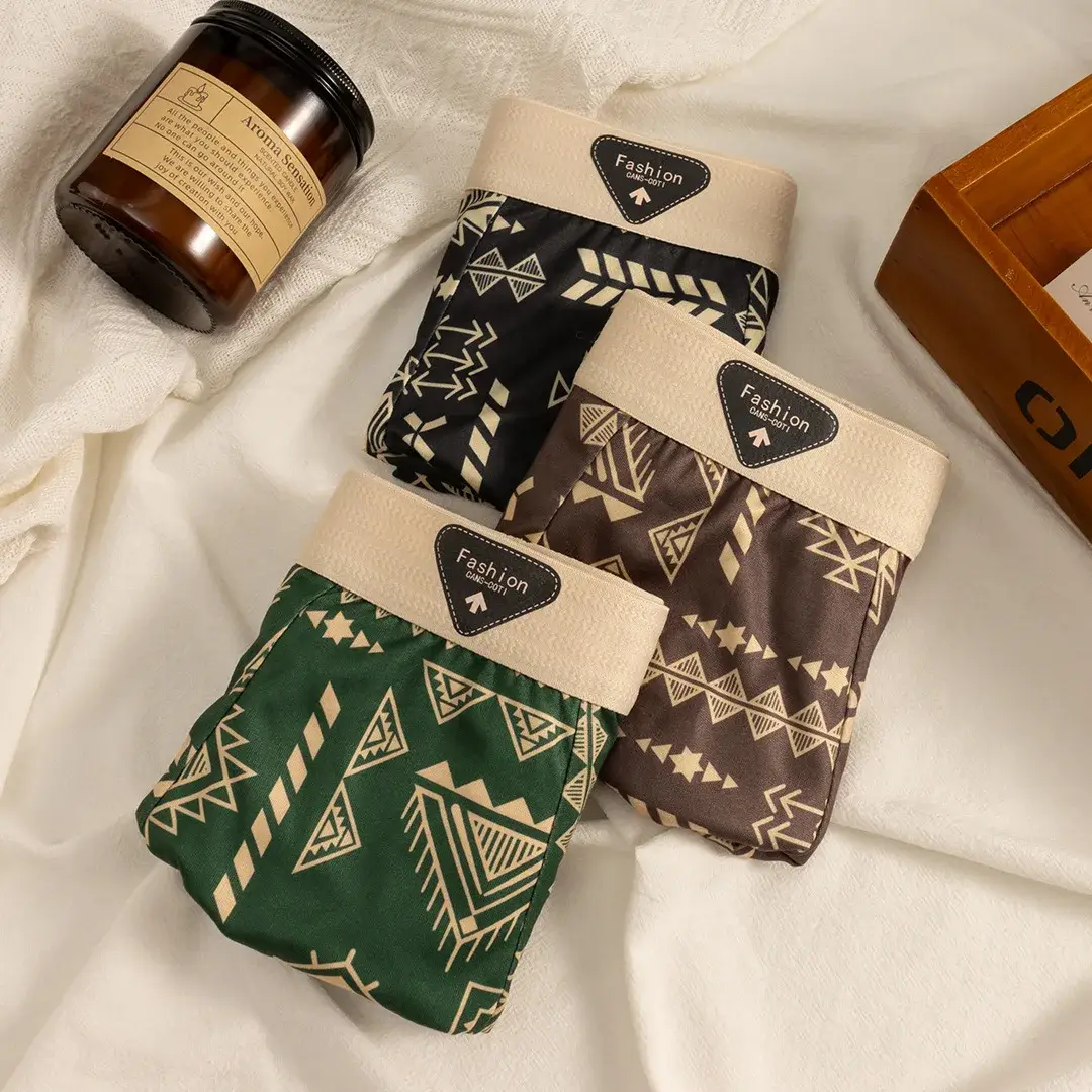 Erkek Boxer Retro Etnik Tarzı Rahat Pürüzsüz Kumaş Külot Vintage Baskı Elastik Iç Çamaşırı Erkek Iç Çamaşırı Düz ​​Külot