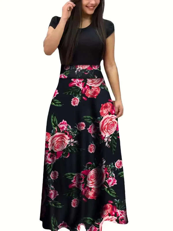2024 Vestido de manga corta a juego con estampado de flores de estilo europeo y americano para mujer, falda con vuelo grande