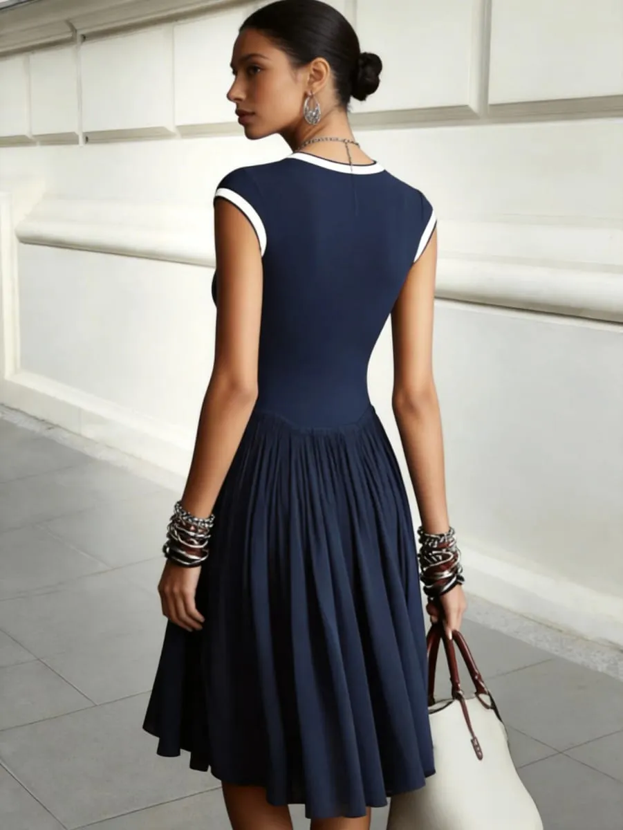 Women Contrast Trim Round Neck Cap Sleeve Fit And Flare Midi Dress Elegant Daily Commute Casual Swing Dress