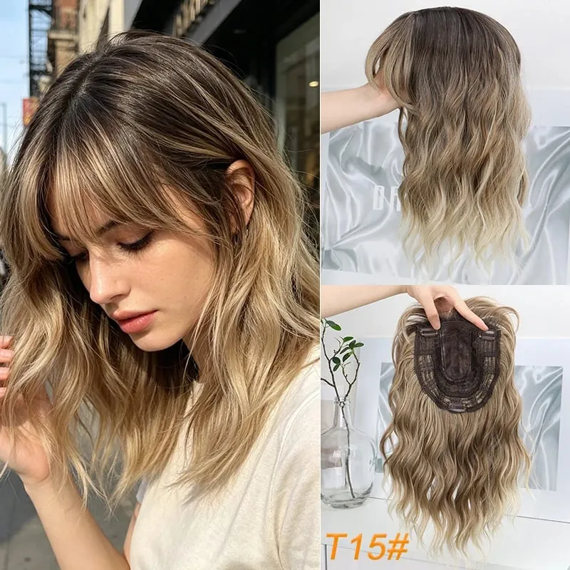 14Inch Synthetic Short Wave Curly Topper Hair Extension Invisible Coverage & Built-in Bangs for Women Daily Use Easy to Wear