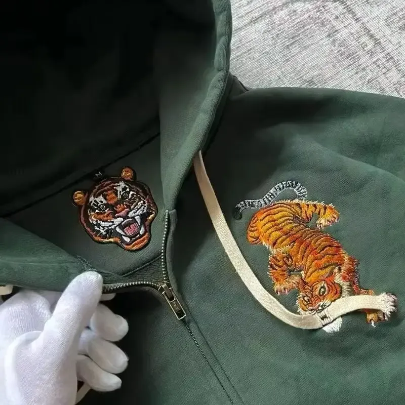Y2K Tiger Claw Embroidery Vintage Double Zipper Loose Hoodie Sweatshirt for Men and Women Harajuku Trendy Casual Street Style