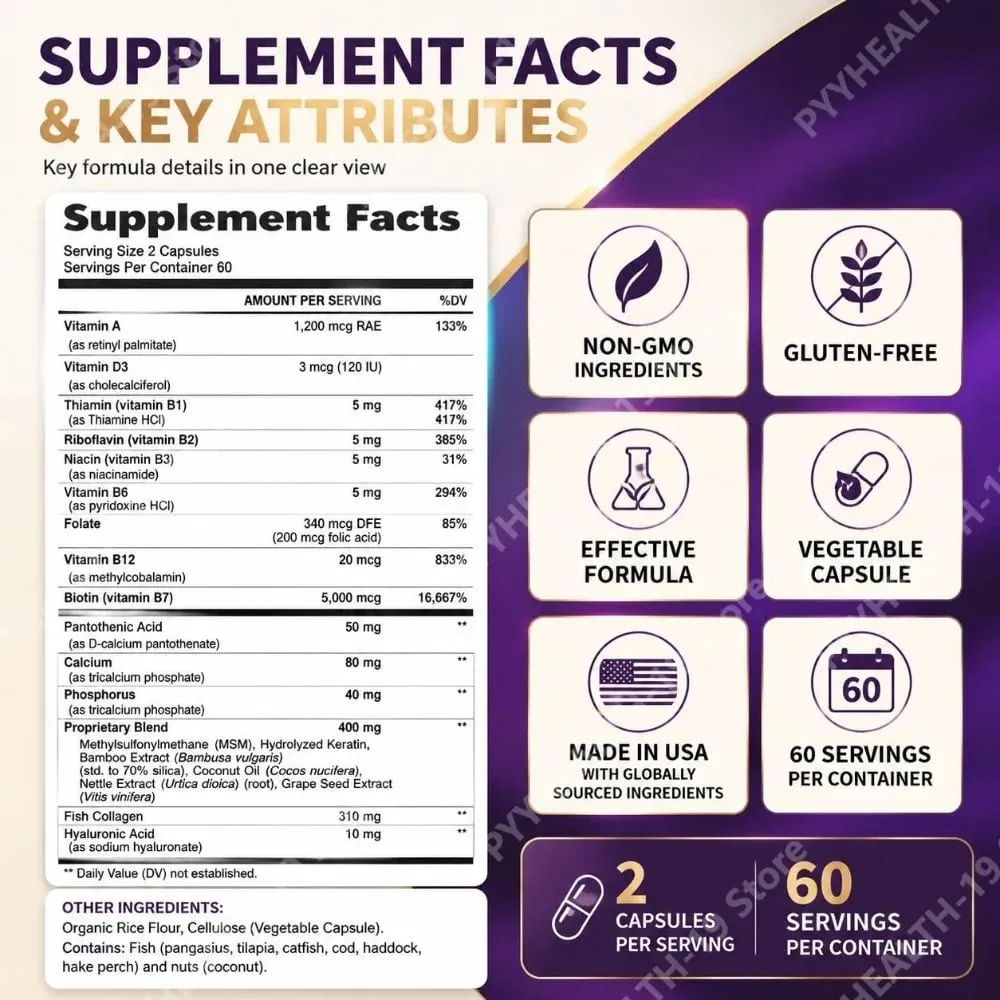 Biotin Collagen & Keratin Capsules with Hyaluronic Acid & B-Vitamins for Hair Skin & Nails Nourishment Support Adults 60 Caps
