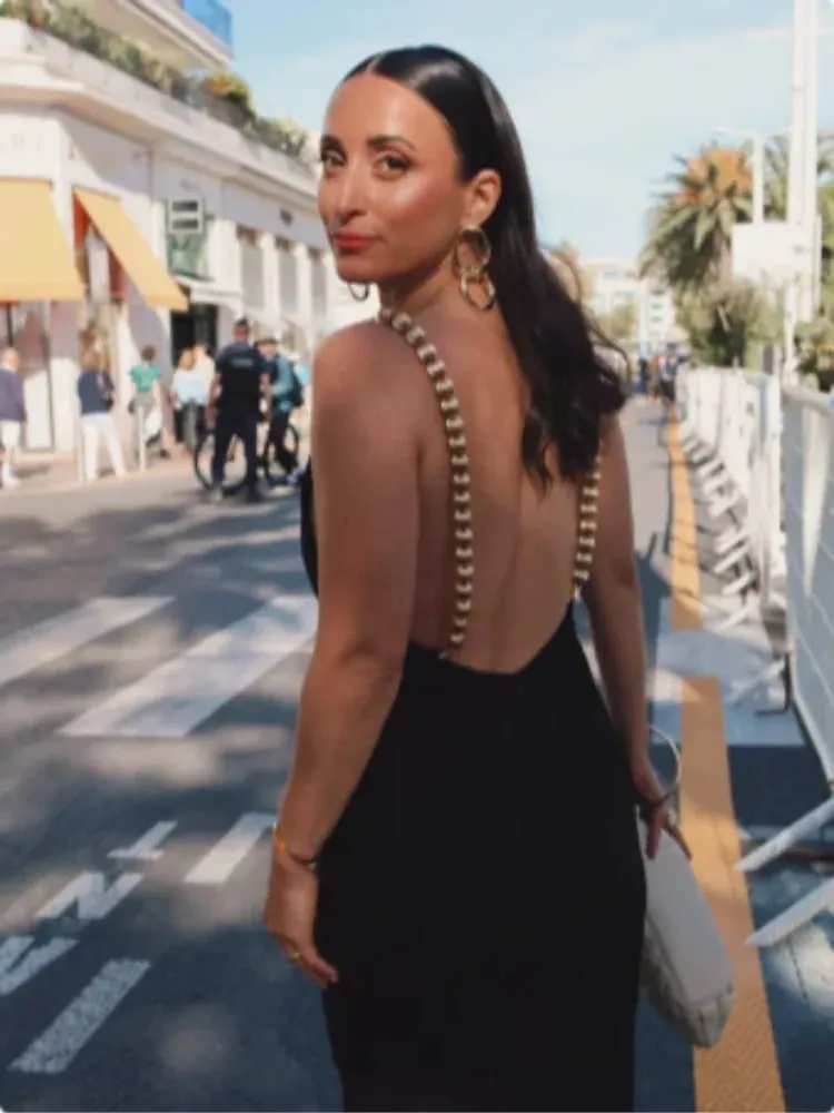 Elegant Black Maxi Dress Sleeveless Slim Fit With Gold Chain Detail Dresses Evening Party Formal Events Chic Floor-length Gown