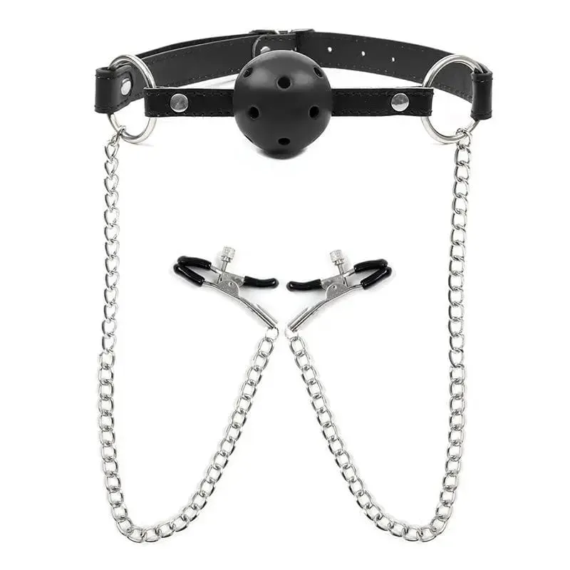 New Erotic Toy PU Leather Mouth Gag Ball Oral Sex With Chain Clip Breast Nipple Clamps Bondage Harness Sex Toys Adult Games