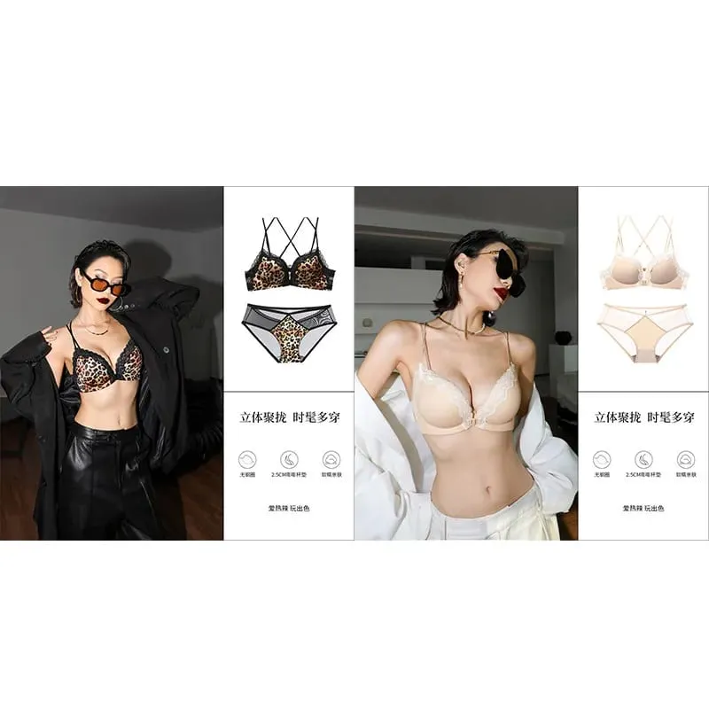 Victoria Style Wireless Lingerie Set Pink Leopard Pattern Front Closure Bra Sensual Back Push Up for Small Bust 32-38