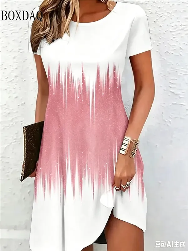 New Women's Summer Dresses Loose Short Sleeve Round Neck Gradient Pattern Printed Casual Party Dress
