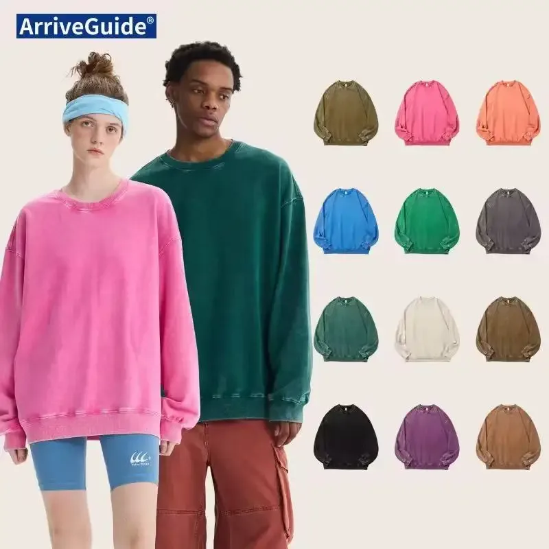 Extra-Large 100% Pure Cotton 350g Round-Neck Hoodie Washed-Out Retro Wax-Printed Snowflake Crewneck Sweater Casual Distressed