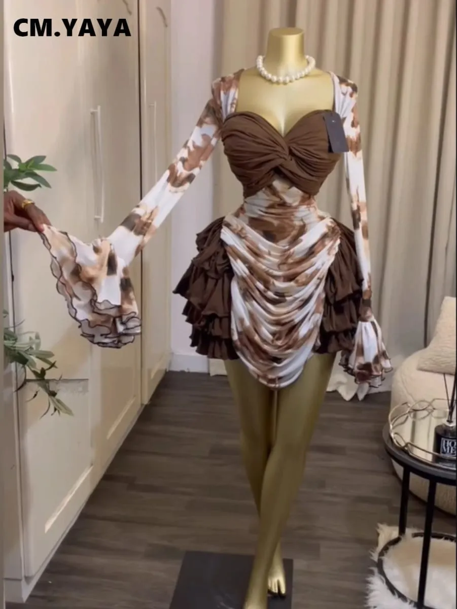 CM.YAYA – robe moulante froncée drapée à volants en cascade pour femmes, imprimé Tie Dye, manches longues, col en v, robes de vacances à la plage