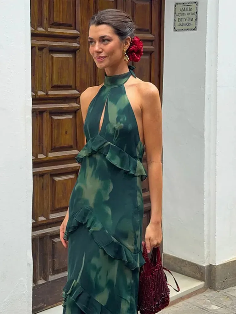 Cetak Bunga Potongan Leher Halter Gaun Maxi Berperingkat Ruffle Tanpa Lengan 2026 Musim Panas Wanita Pakaian Percutian Fesyen Boho Wanita Vestido