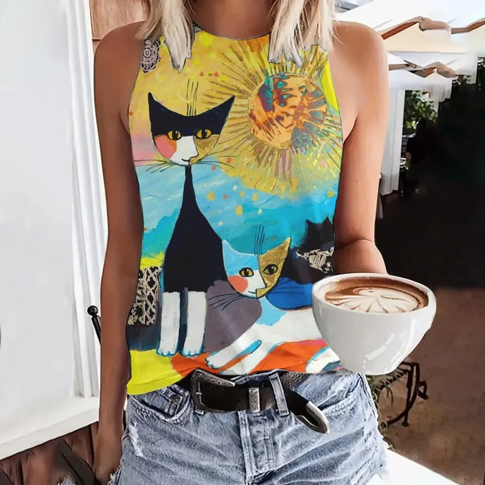 Débardeur d'été imprimé visage drôle de chat en 3D pour femmes, Streetwear à la mode, surdimensionné, col rond, gilet, épaules dénudées, sans manches, Camisole
