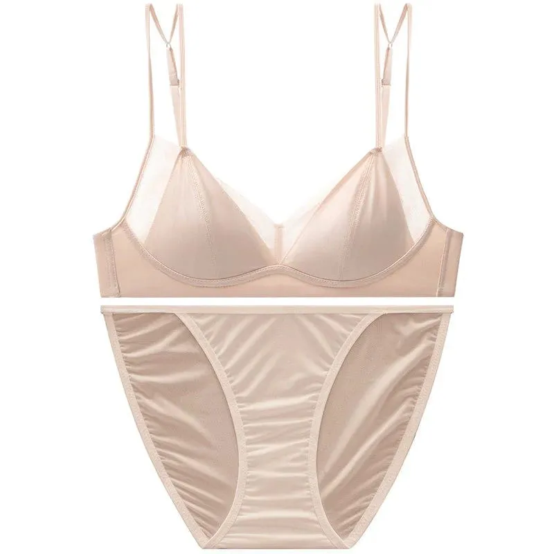 Modish Leopard Intimate Set Non-wire Thin Triangle Bra Breathable Summer Nude Fabric Small Chest Firm Gathering Womens Indoor